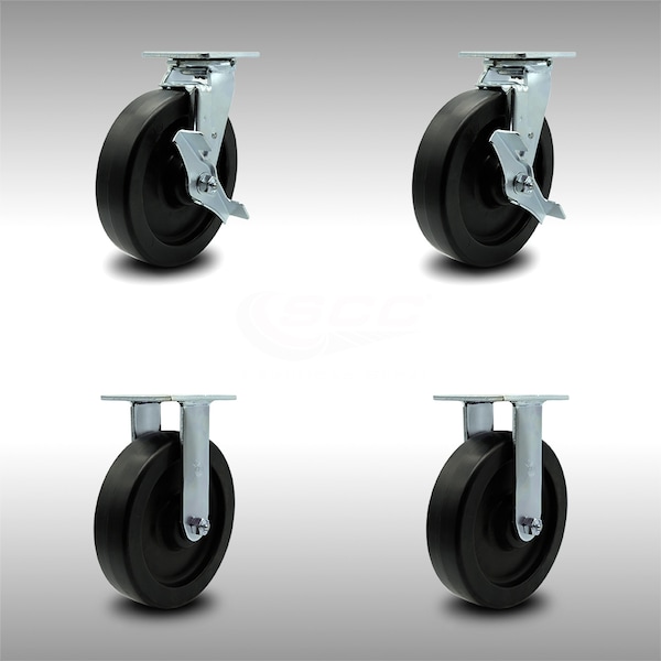 8 Inch SS Polyolefin Caster Set with Ball Bearings 2 Brakes 2 Rigid SCC